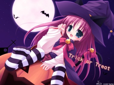 Konachan.com - 56624 catgirl fang halloween hat long_hair moon night purple_hair ribbons sky thighhighs tsubasa_tamago witch.jpg